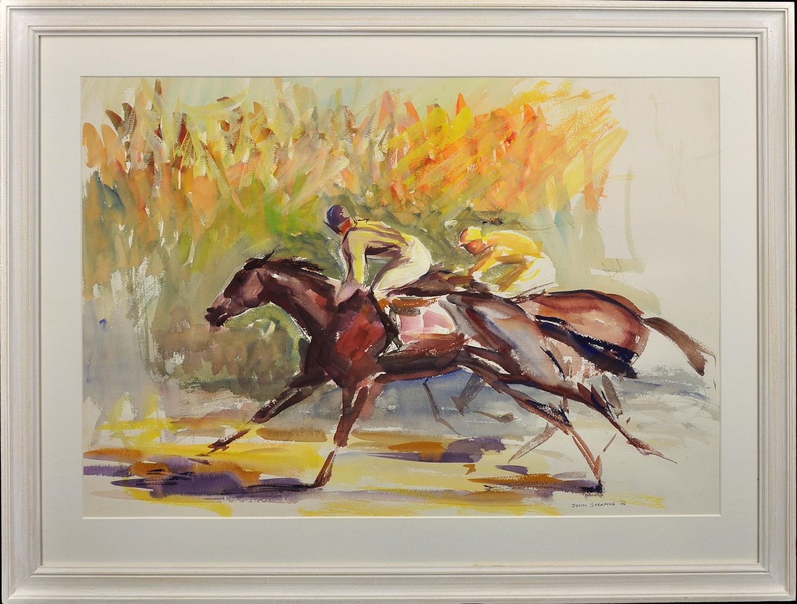 John Rattenbury Skeaping 1901 To 1990. English. On The Gallops, 1976. Framed Gouache & Watercolour. Equine. Jockeys. Horse Racing Painting.