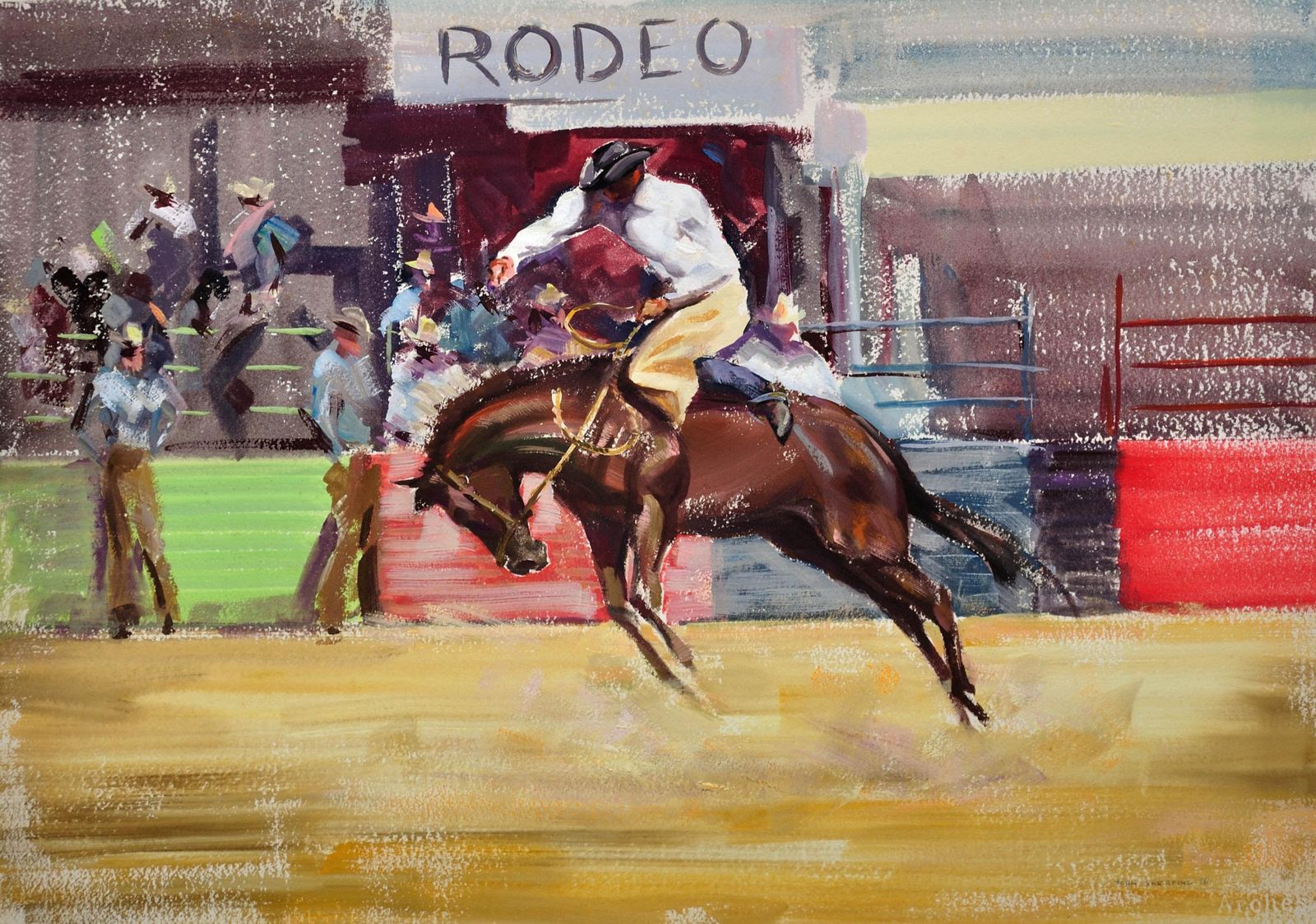 John Rattenbury Skeaping 1901 To 1980. Rodeo. Bareback Bronco, 1966. Framed Mid 20th Century Horse Painting. Cowboy On A Bucking Horse. photo furniture