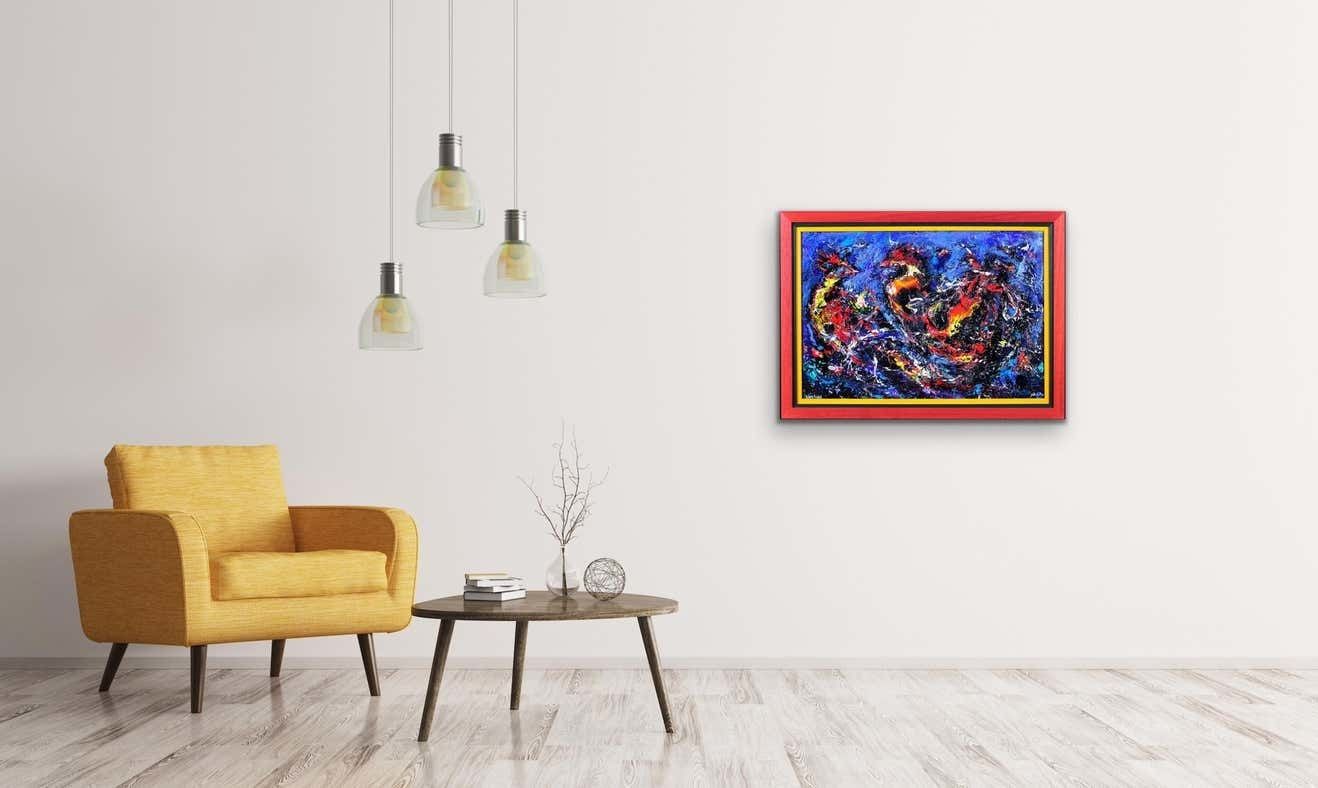 David Wilde 1913 To 1974. English. Cock Fight. Acrylics. Framed. Two Fighting Birds. A Riot Of Aggression, Masculinity & Feathers. Mid Century Modern photo vinterior