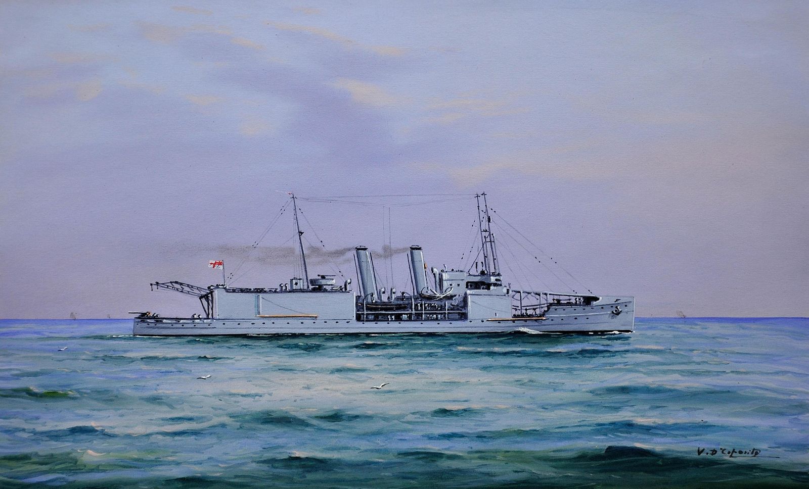 Vincenzo D' Esposito 1886 To 1946. Italian. Hms Nairana, Royal Navy Seaplane Carrier. Tasmania & Melbourne Ferry. Framed Warship Painting Circa 1918. photo furniture