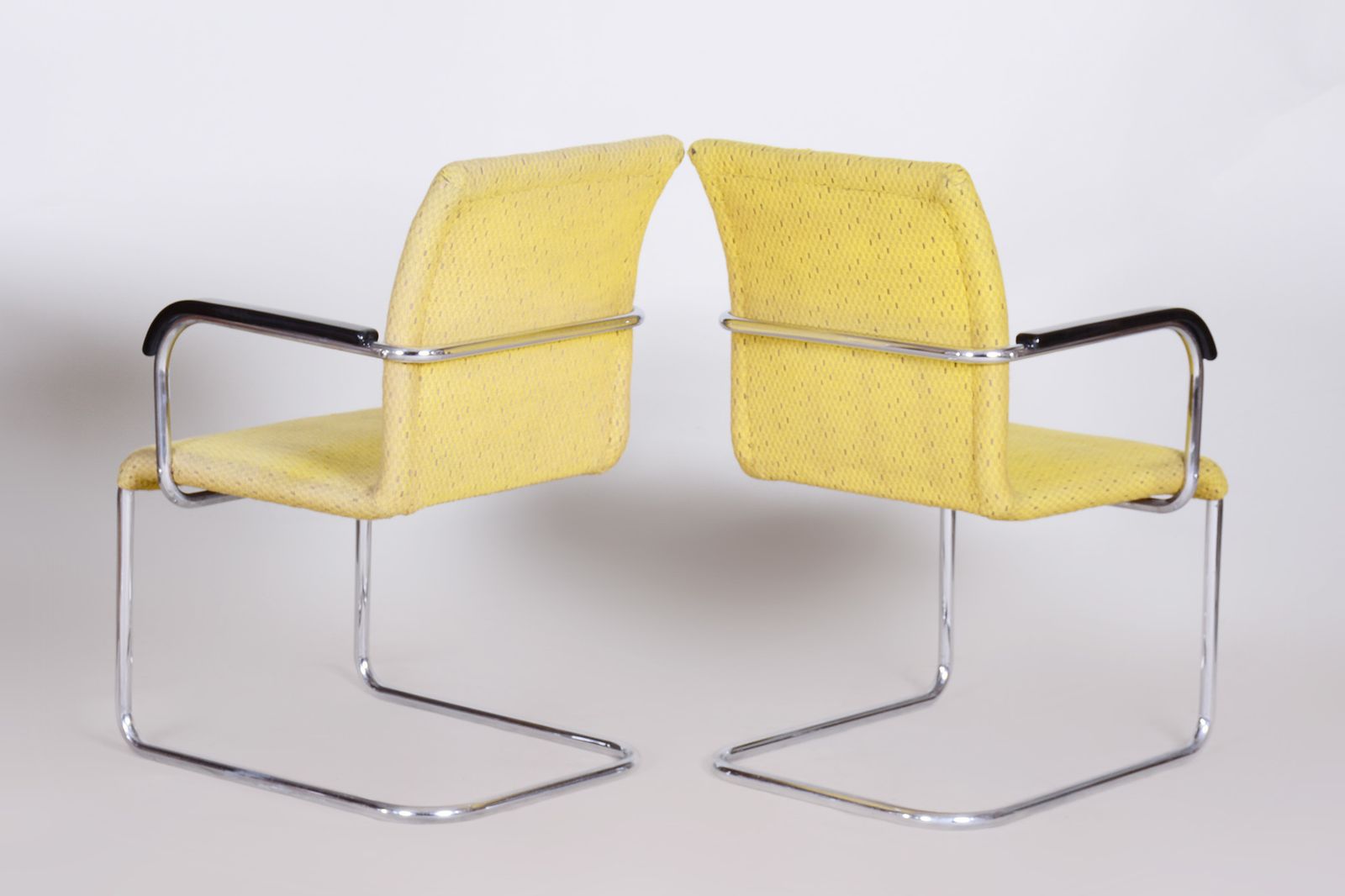 photo for sale Yellow Bauhaus Armchairs Made In 1930s Czechia. Non Restored Chrome And Fabric.