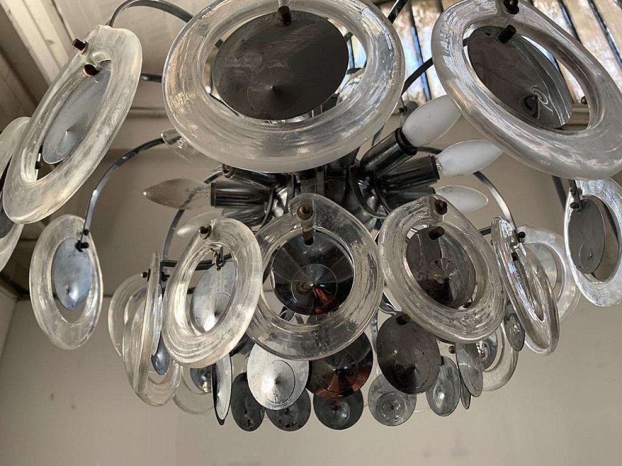 Disc Chandelier In Steel And Fused Glass, 70s photo vintage