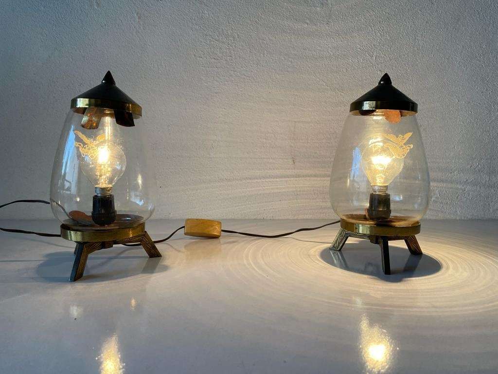 Italian Brass And Glass Art Deco Pair Of Table Lamps, 1940s, Italy photo for sale