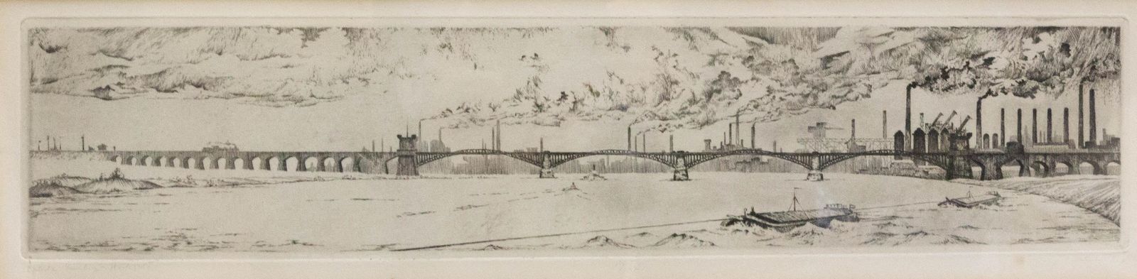 Gravure, paysage industriel au pont ferroviaire, Allemagne, fin du XIXe siècle photo furniture
