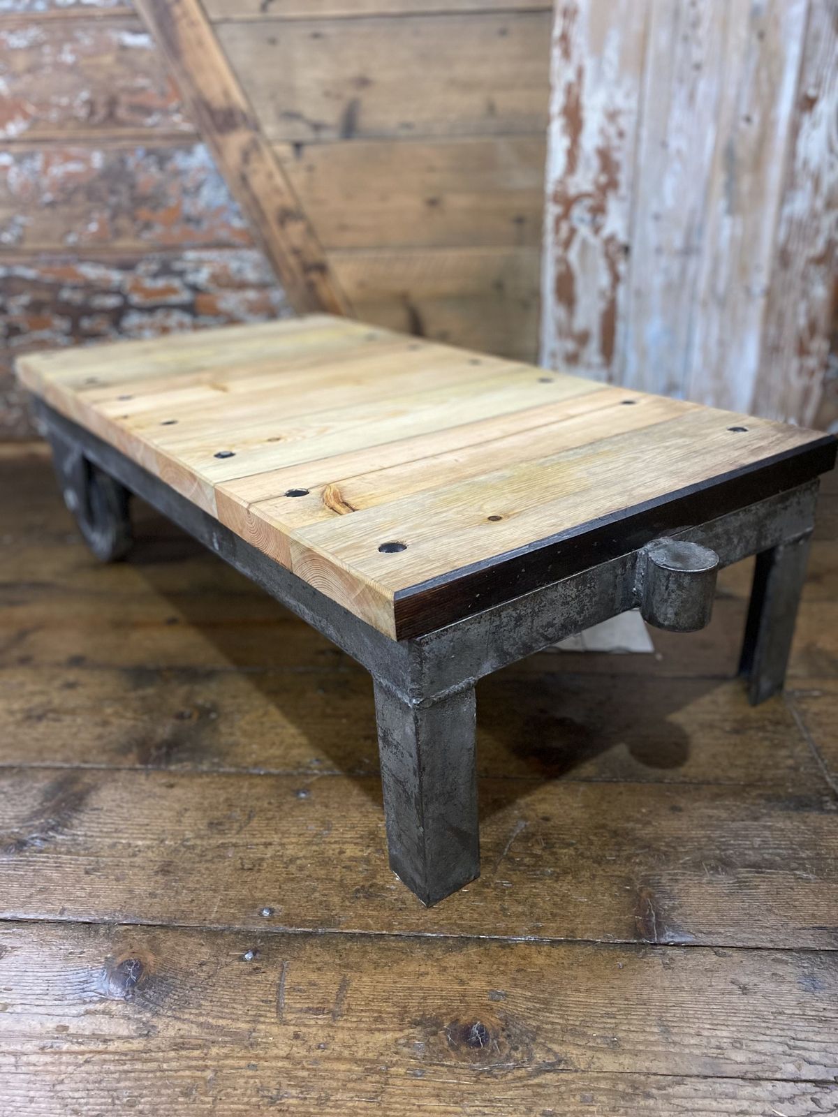 Industrial Cart Coffee Table Made From Vintage Tug Cart, Reclaimed Wood & Stud Detailing