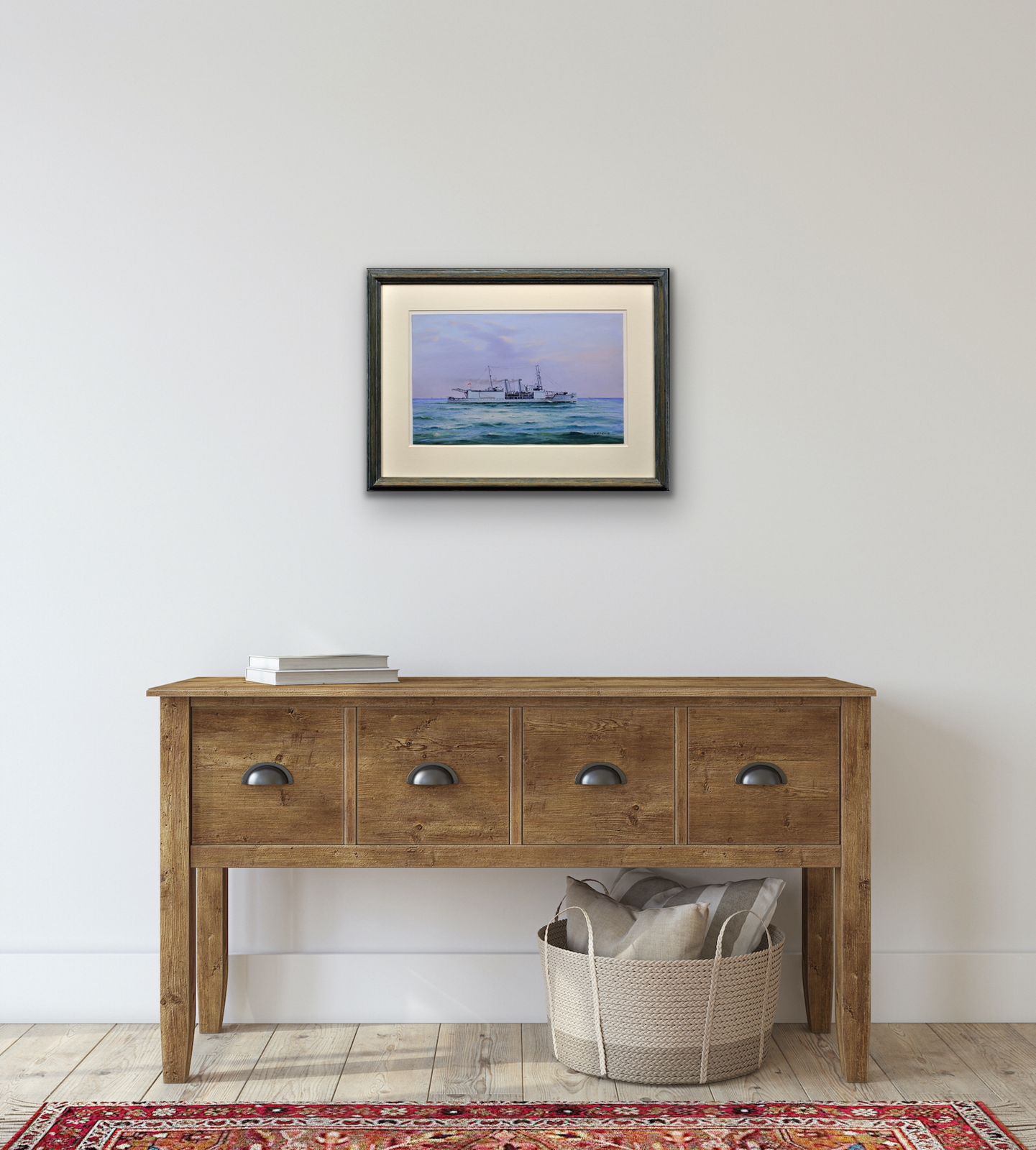 photo vinterior Vincenzo D' Esposito 1886 To 1946. Italian. Hms Nairana, Royal Navy Seaplane Carrier. Tasmania & Melbourne Ferry. Framed Warship Painting Circa 1918.