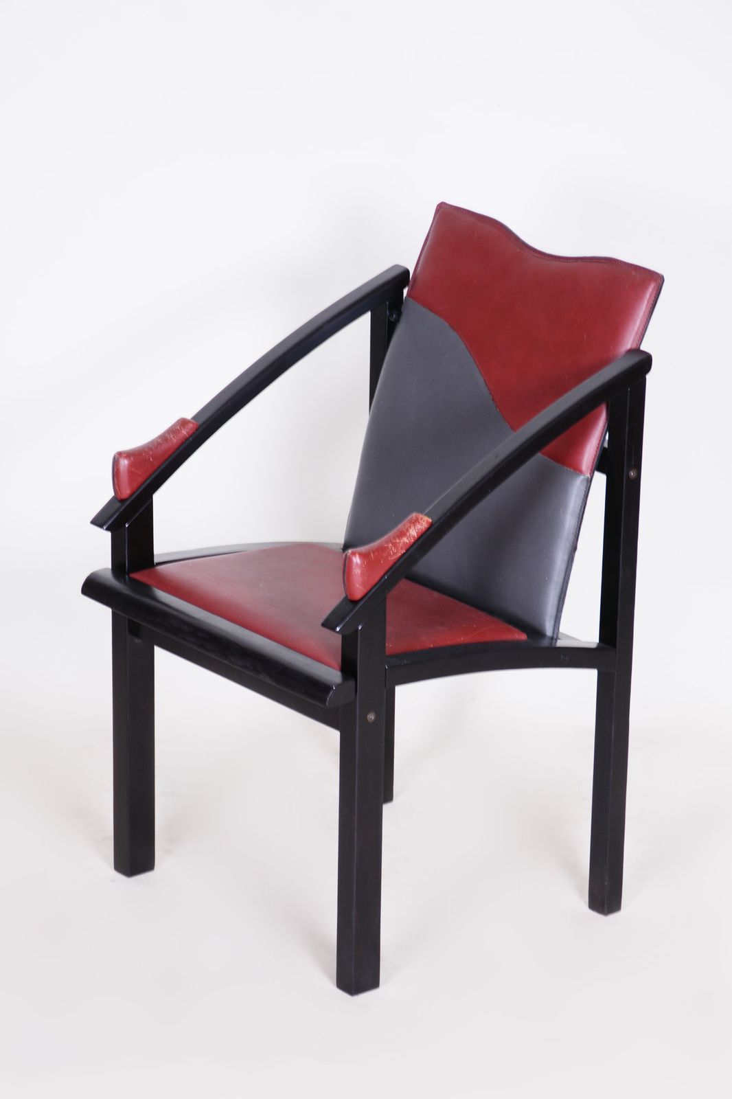 1970s Armchair Made In Europe. Made Out Of Lacquered Wood And Leather, Original