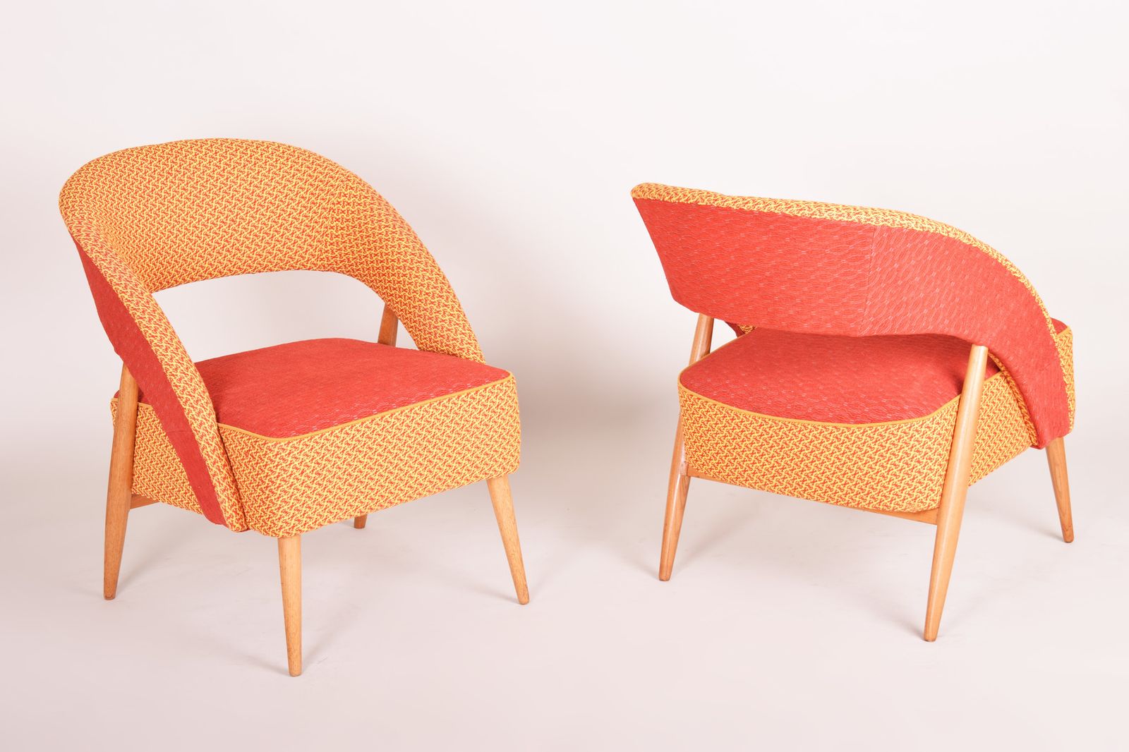 Mid Century Red And Orange Chairs. Made In 1940s Czechia. Restored By Our Team.