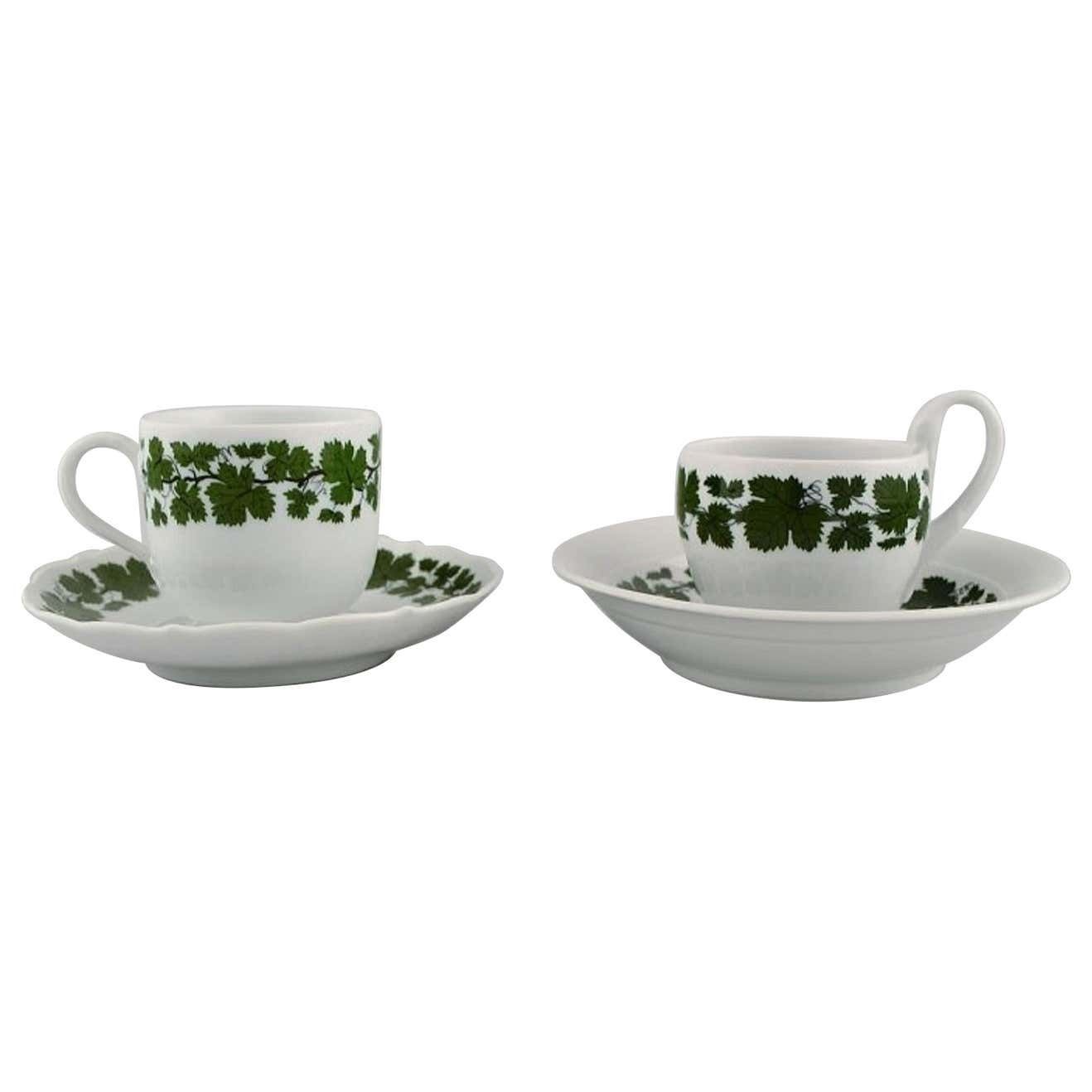 Two Meissen Green Ivy Vine Leaf Coffee Cups With Saucers In Porcelain
