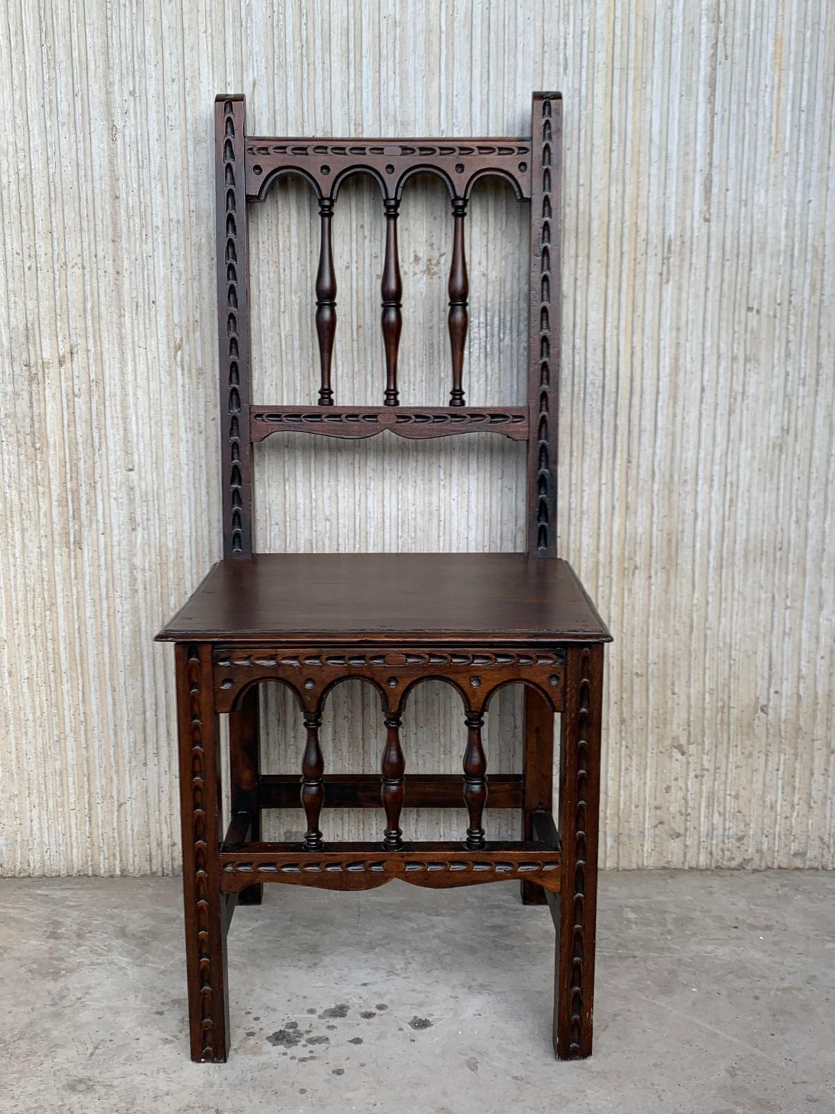 Early 20th Set Of Four Spanish Carved Chairs With Wood Seat photo furniture