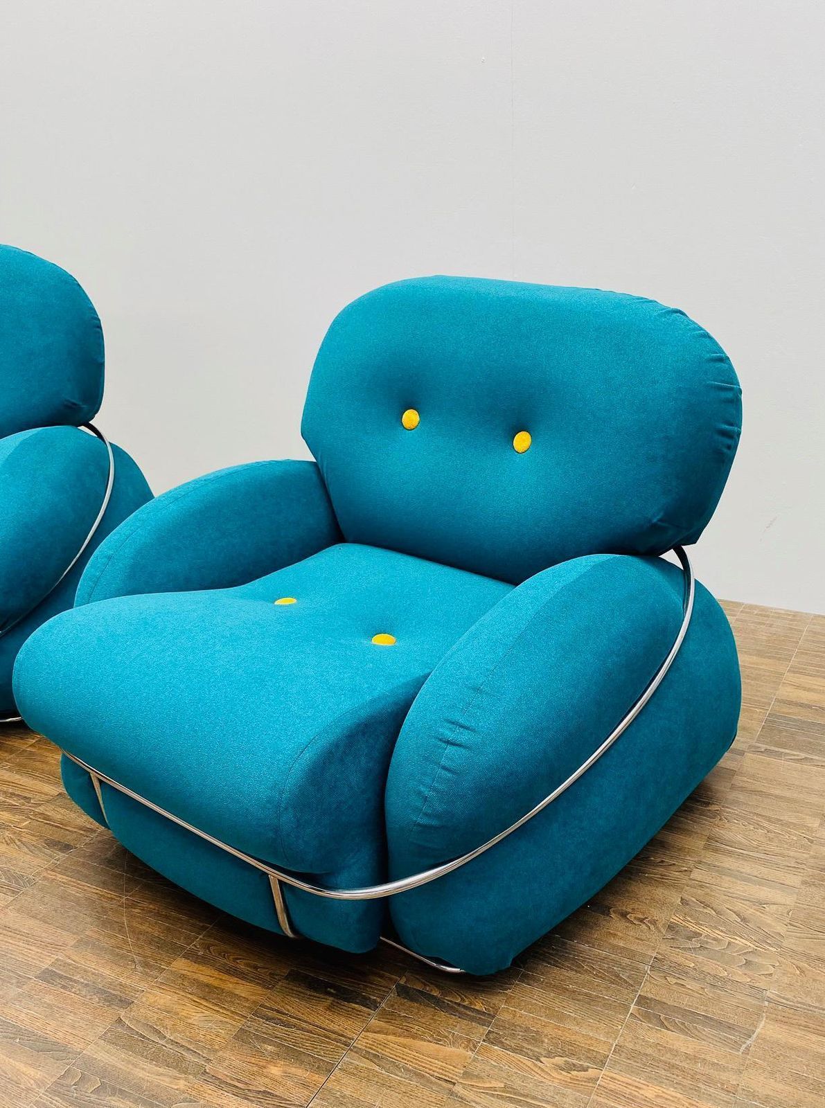 Pair Of Bleu And Yellow Armchairs In The Style Of Sesann, Italy, 1960s photo Furniture