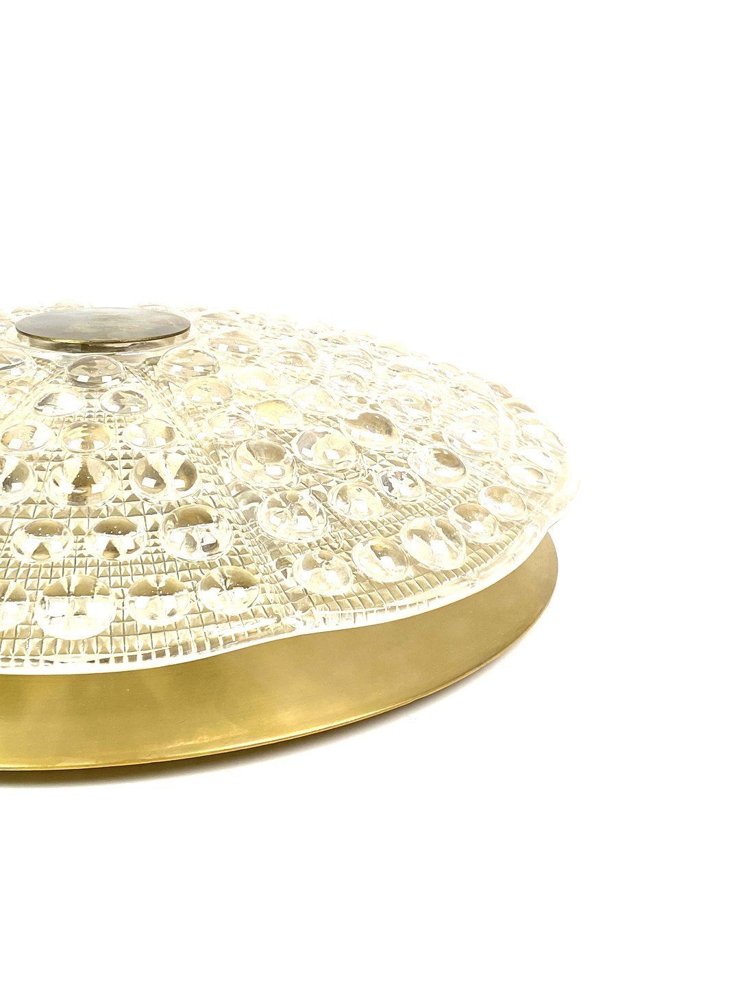 Ceiling Lamp In Brass And Glass Of Danish Design Manufactured By Orrefors Glassworks In The 1960s. photo for sale