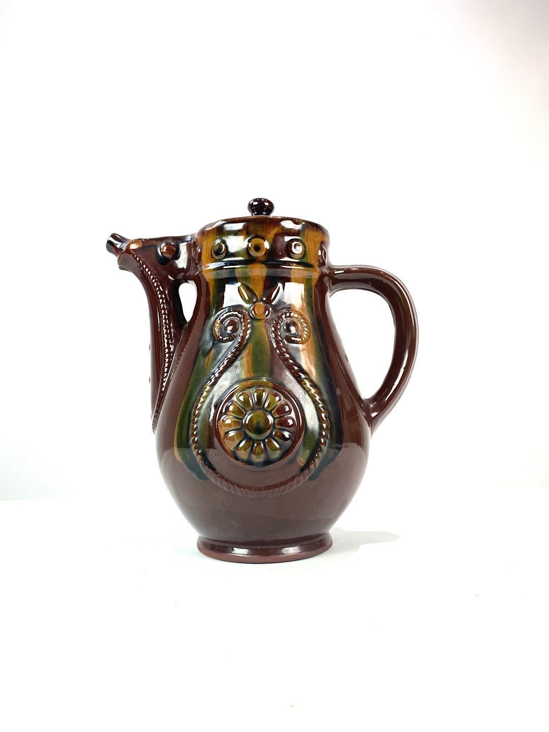 Ceramic Jug With Brown Glaze And Decorated With Pattern In Art Nouveau Style From Around The 1940s.