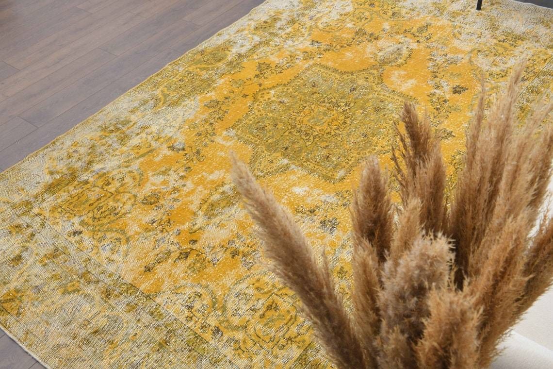 Turkish Vintage Oushak Area Rug  Boho Decor  Oushak Wool Rug  Yellow Carpet  Ethnic Rugs One Of A Kind  Anatolian Farmhouse Decor photo 824.0