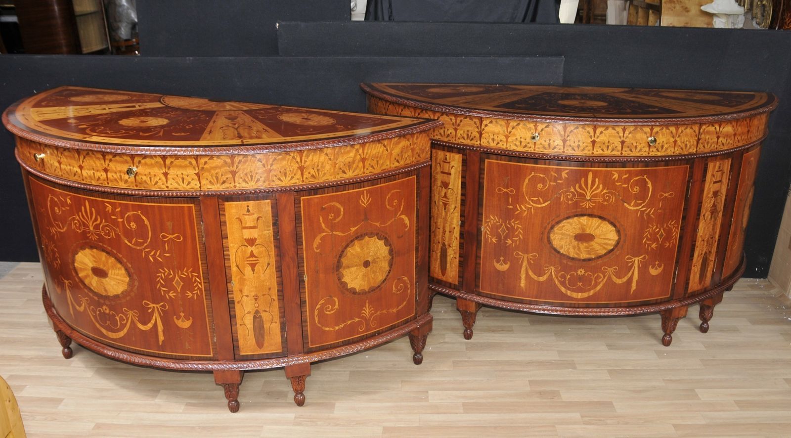 Pair Regency Inlaid Commodes Demi Lune Cabinets Marquetry Inlay photo for sale