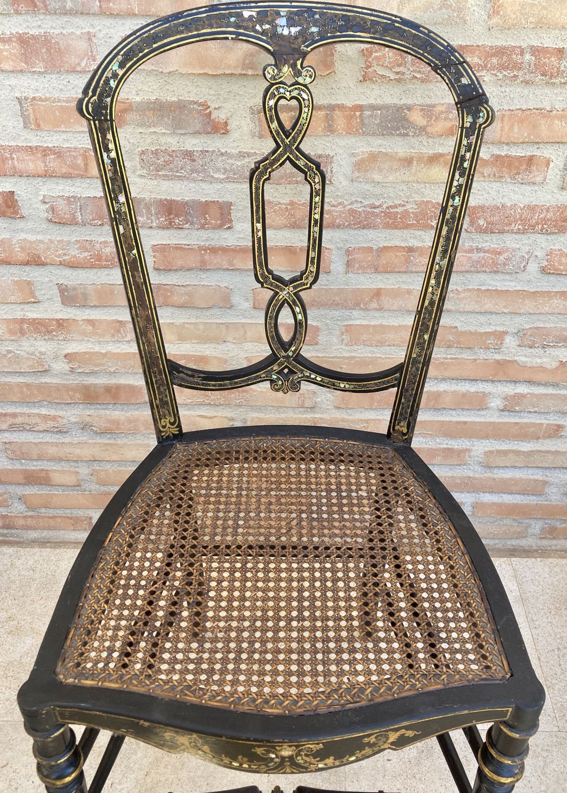 Elizabethan Wood Chairs Lacquered In Black And Decorated In Gold With Mother Of Pearl Inlays With Wicker Seat, Set Of 2 photo furniture