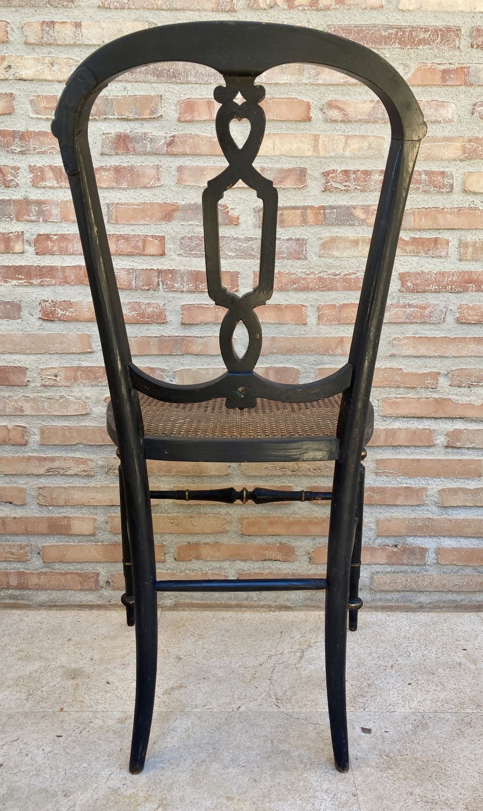 Elizabethan Wood Chairs Lacquered In Black And Decorated In Gold With Mother Of Pearl Inlays With Wicker Seat, Set Of 2 photo 1488.0