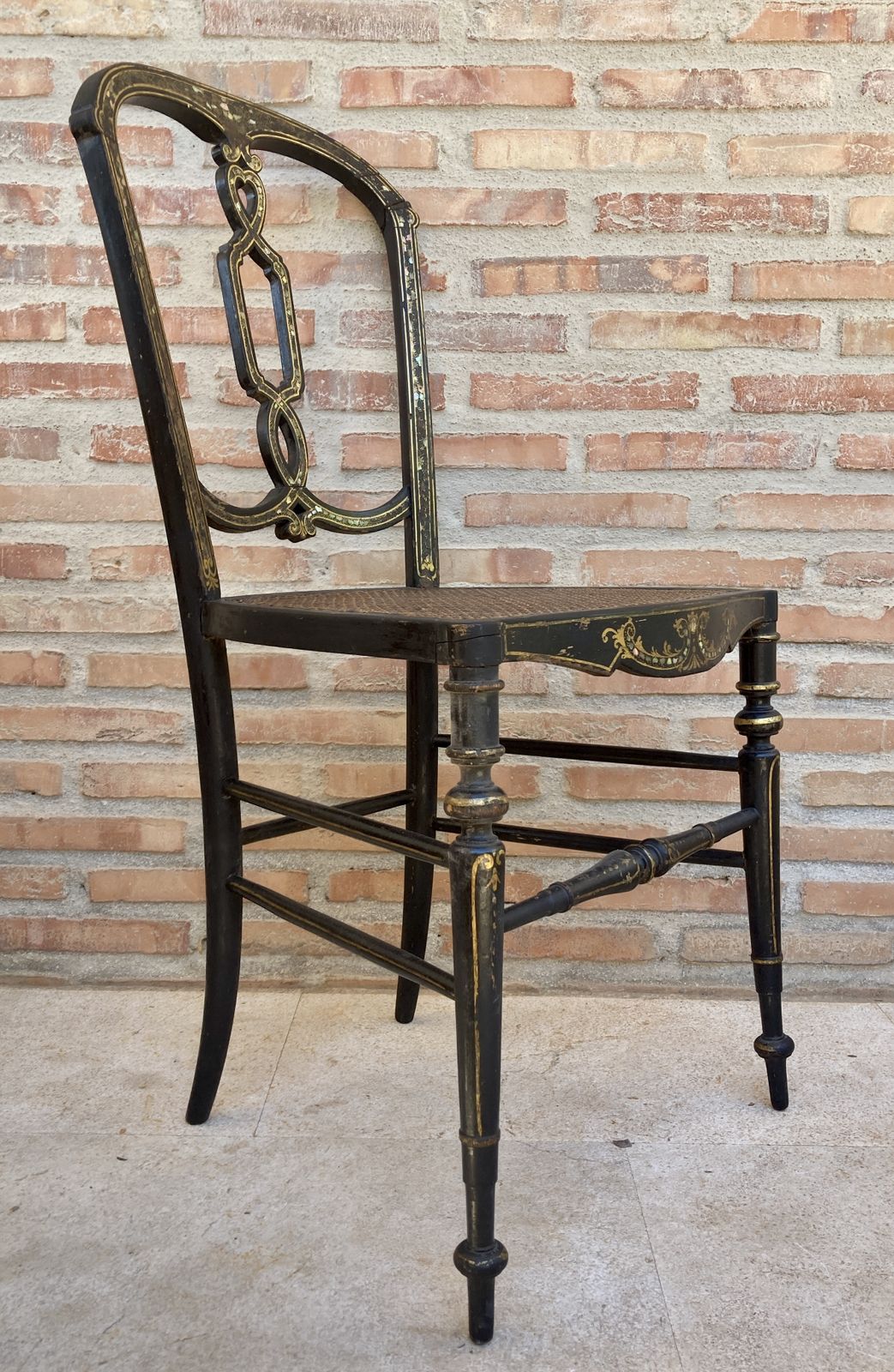 photo furniture Elizabethan Wood Chairs Lacquered In Black And Decorated In Gold With Mother Of Pearl Inlays With Wicker Seat, Set Of 2