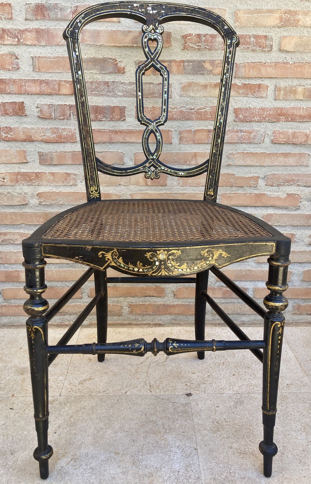 Furniture Elizabethan Wood Chairs Lacquered In Black And Decorated In Gold With Mother Of Pearl Inlays With Wicker Seat, Set Of 2 photo