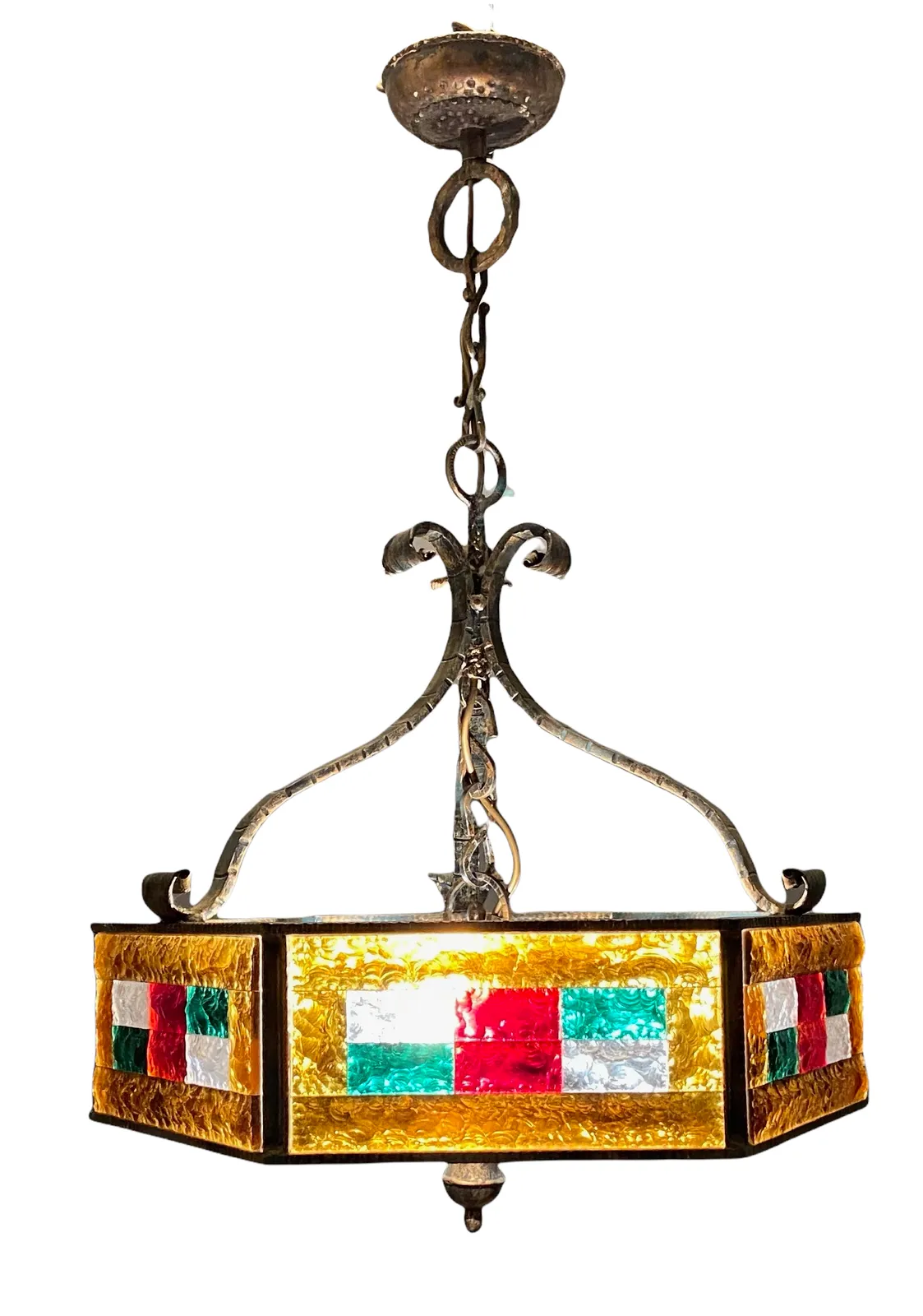 Italian Wrought Iron Rustic Murano Glass Light Pendant photo for sale