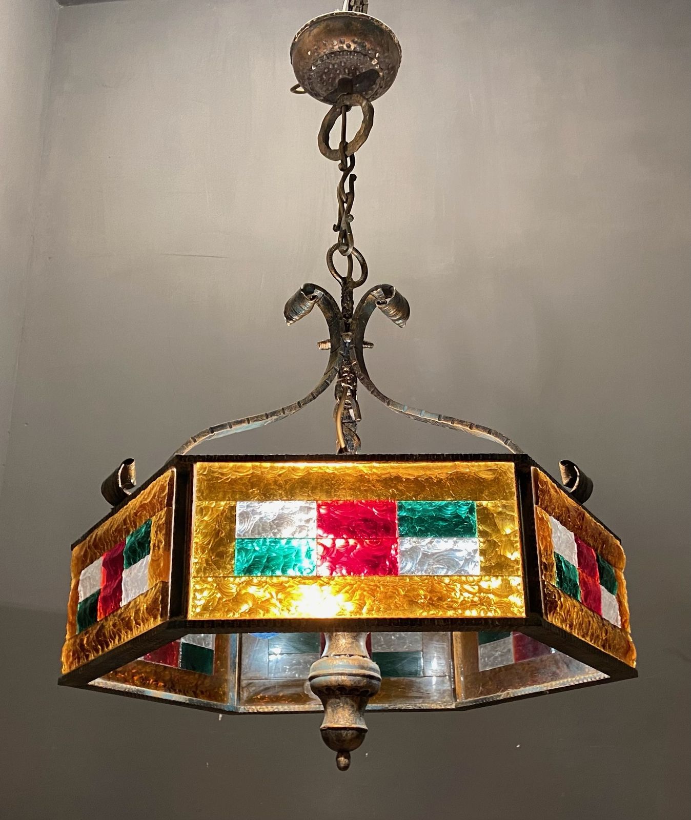 Italian Wrought Iron Rustic Murano Glass Light Pendant