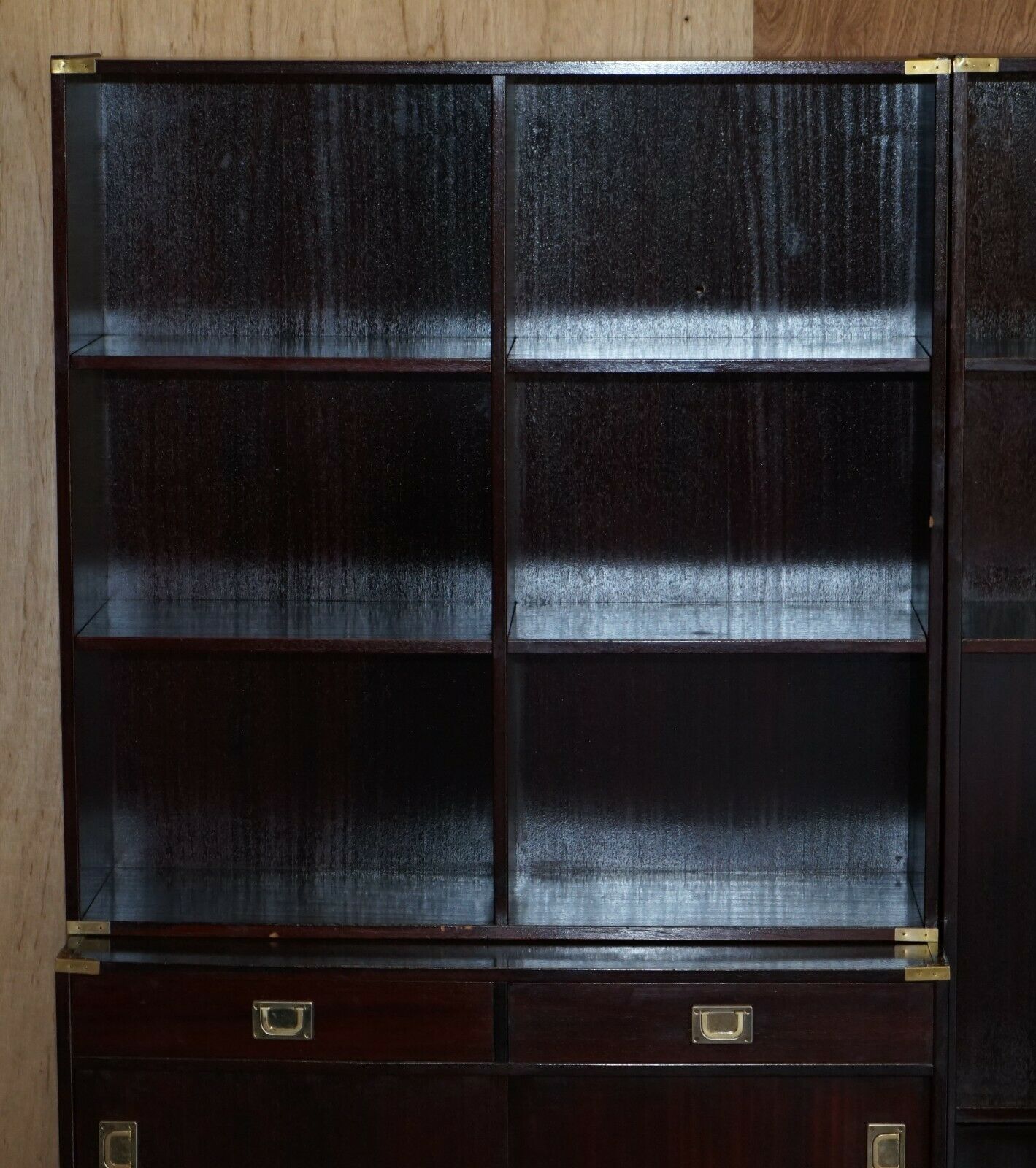 Three Vintage Mahogany Finish Military Campaign Bookcases Used For Media Storage photo Furniture