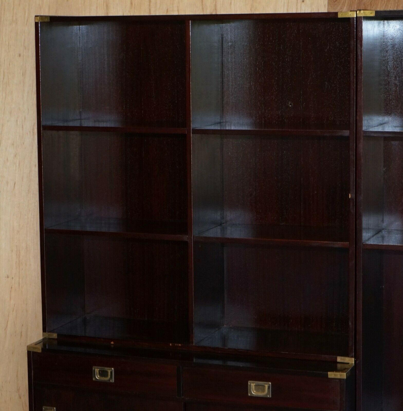 Three Vintage Mahogany Finish Military Campaign Bookcases Used For Media Storage photo 1850.0