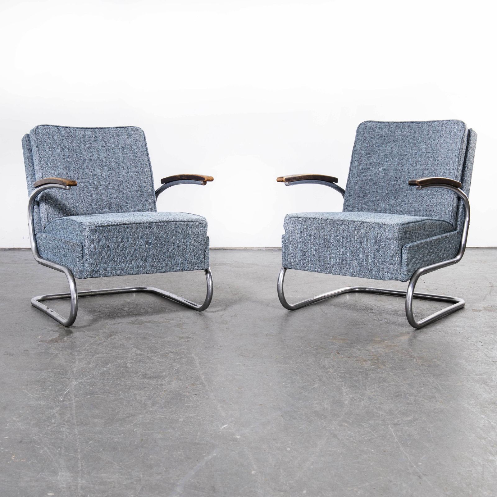 1930’s Pair Of Mucke Melder Original Armchairs – Fully Restored (Blue Fleck) photo for sale