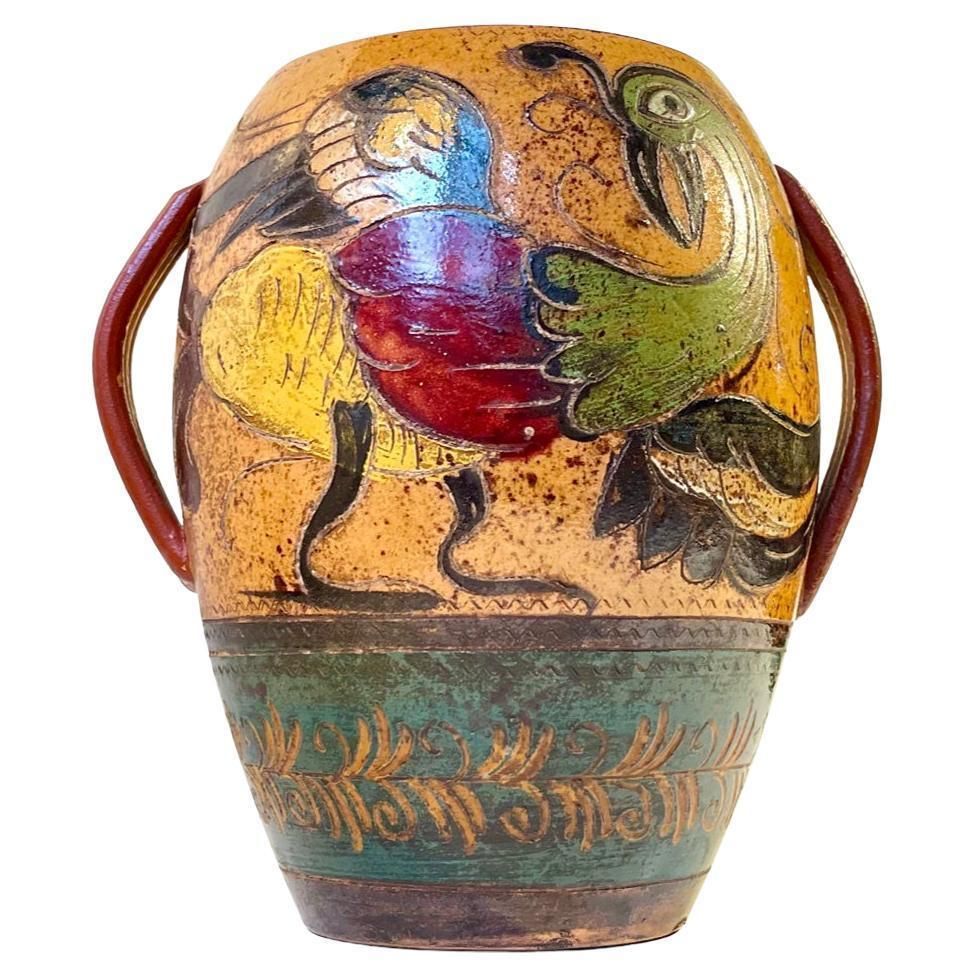 Antique Italian Terracotta Urn With Roosters In Majolica, 18th/19th Century