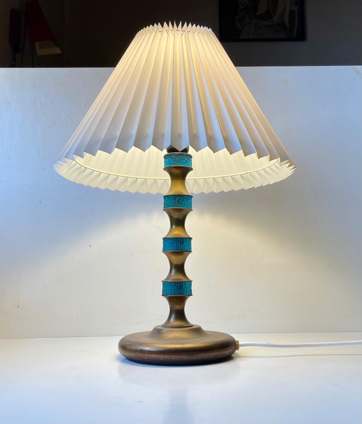 Scandinavian Modern Table Lamp In Brass & Blue Glass By Vitrika, 1960s photo vintage