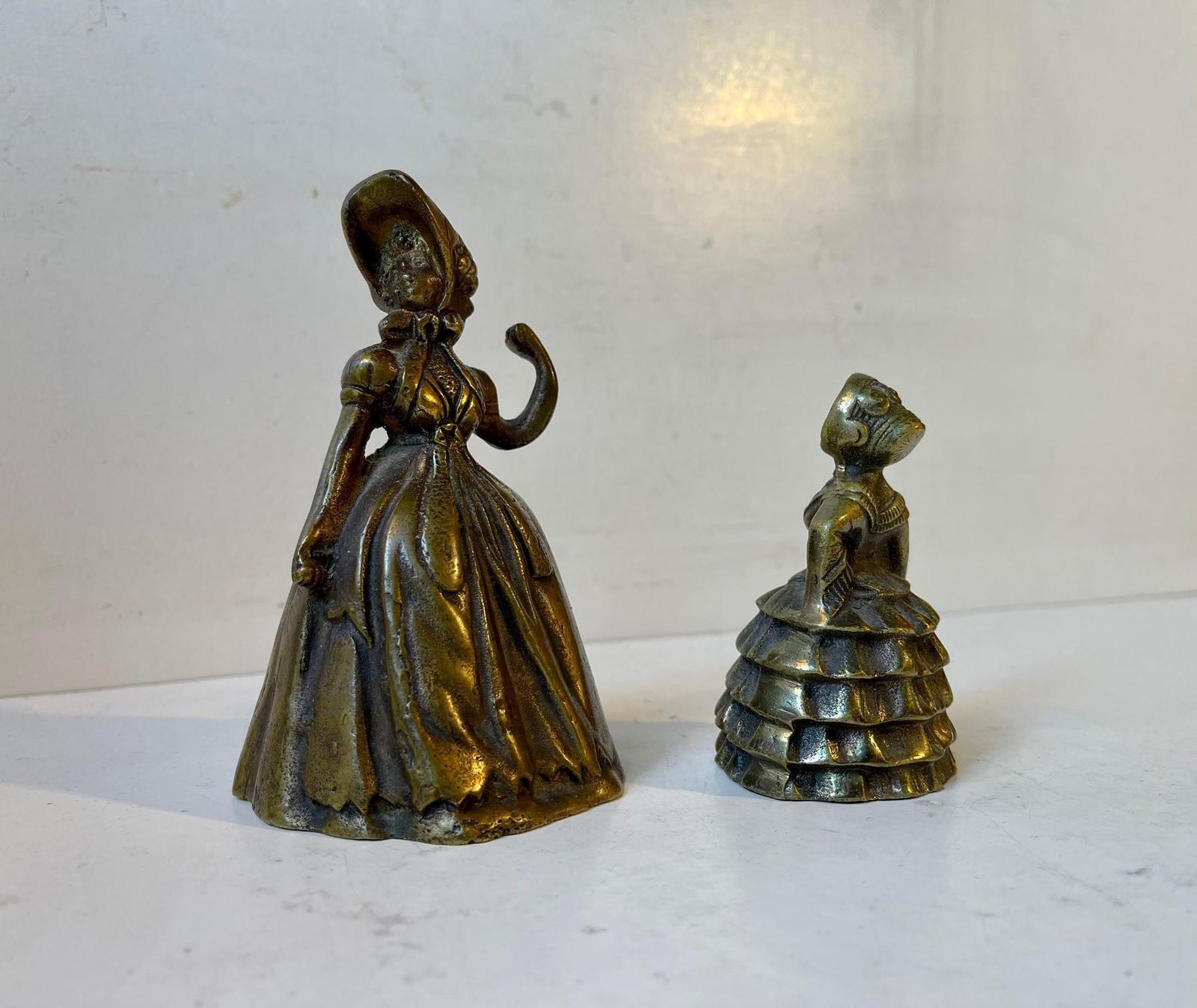 Antique Victorian Brass Bells In Shape Of Ladies, 19th Century, Set Of 2 photo for sale