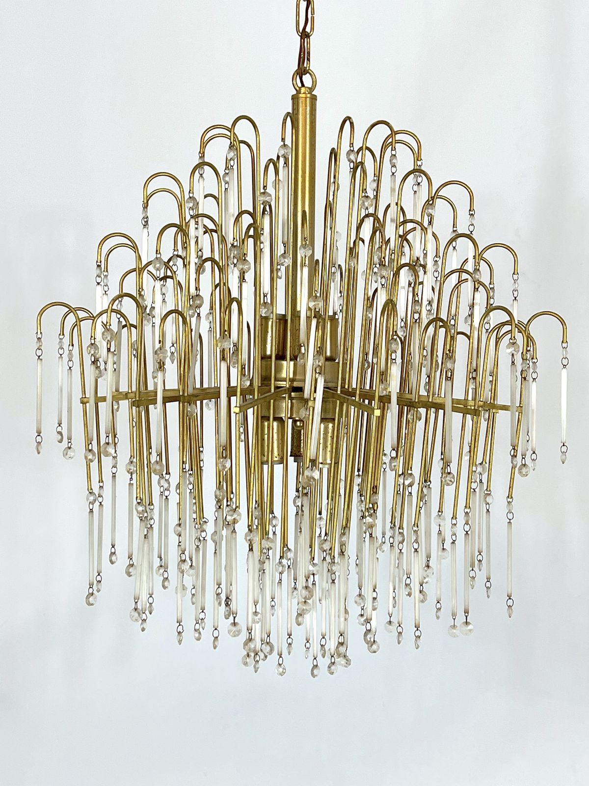 Mid Century, Italian Brass And Glass Chandelier From 70s