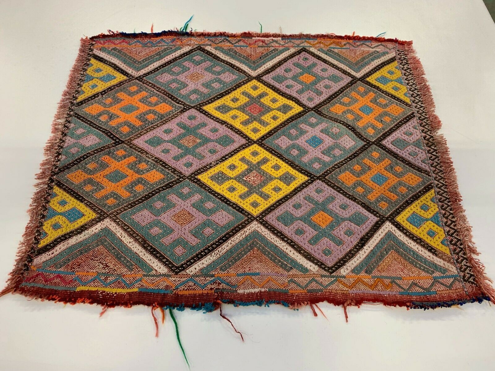 Turkish Mini Kilim Shabby Wool Small Kelim Rug, Red Brown Gold photo for sale
