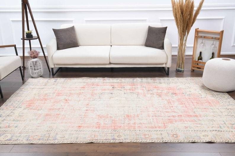 Turkish Antique Area Rug Oushak  Handmade Wool  Oriental Low Pile Carpet  Farmhouse Decor  One Of A Kind  Made In Anatoli