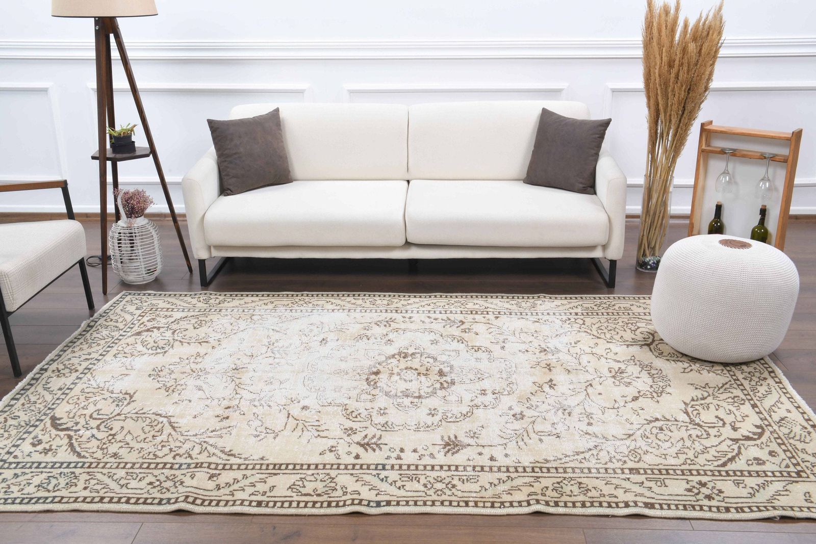 Antiek Turks vloerkleed, Oushak handgemaakt wollen beige oosters tapijt, landelijke stijl, uniek exemplaar, Bohemian, gemaakt in Turkije, tapijt
