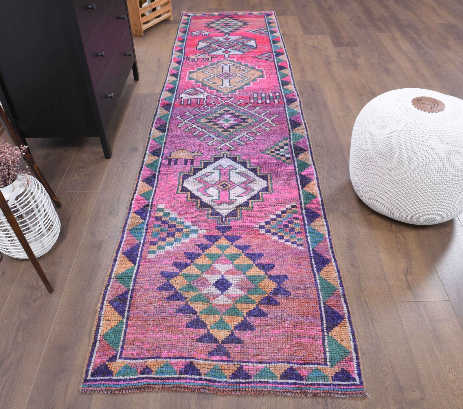 Turkish Hand Knotted Oushak Wool Runner, Pink Hallway Rug, One Of A Kind, Boho Decor, Farmhouse Decor, Shabby Chic Carpet