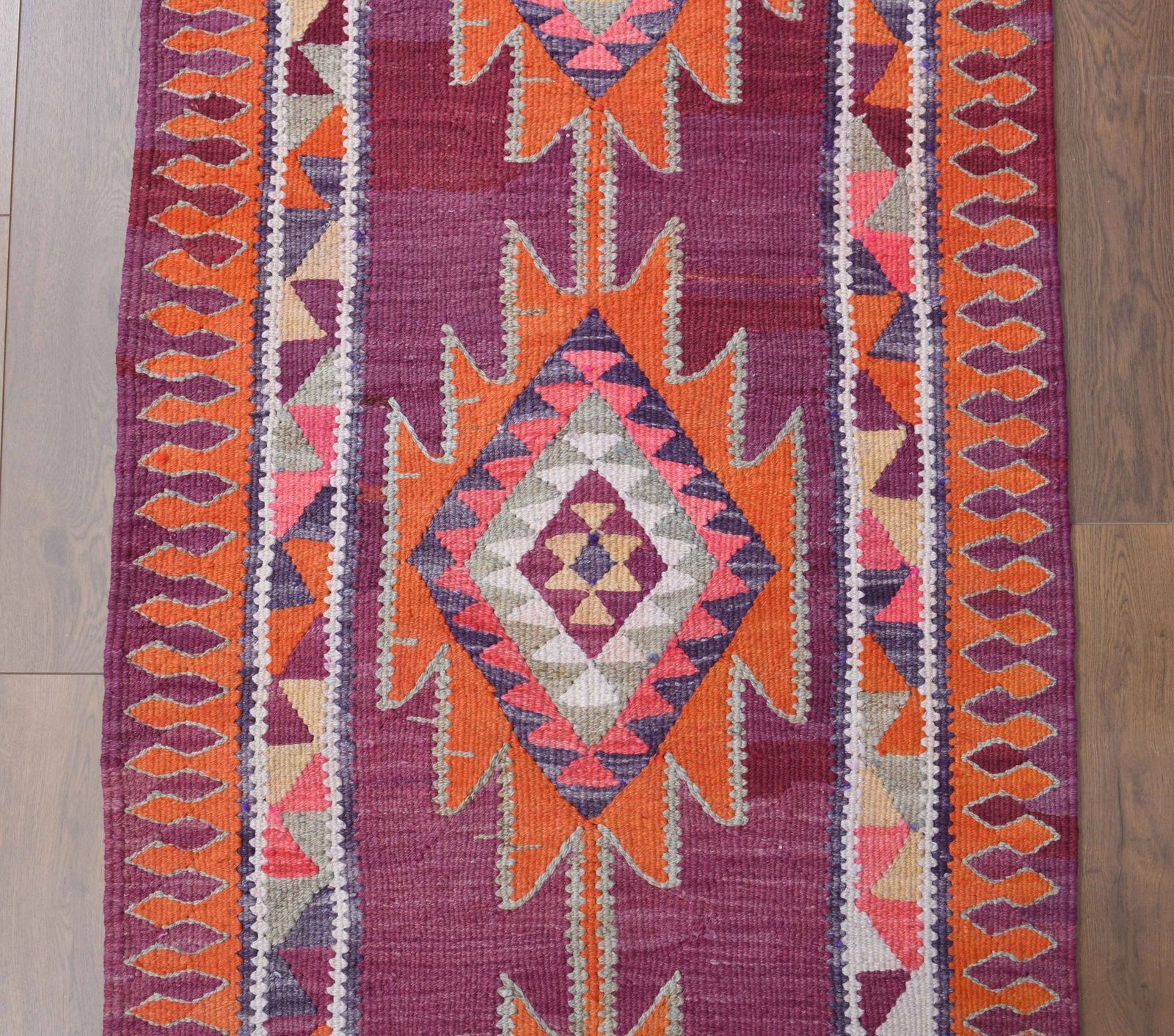 Turkish Kilim Runner Rug, Oushak Handmade Wool Flatweave Carpet, Hallway Rugs, Farmhouse Decor, One Of A Kind, Bohemian Decor photo vinterior