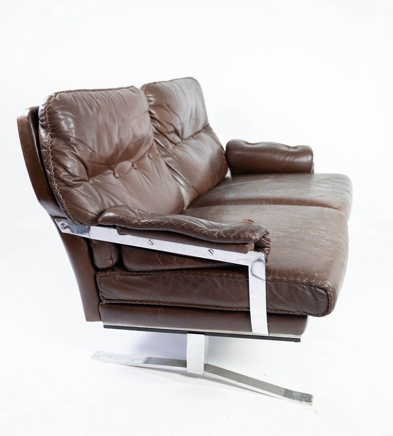 Two Seater Sofa In Brown Patinated Leather And Metal Frame, Designed By Arne Norell From The 1970s. photo furniture