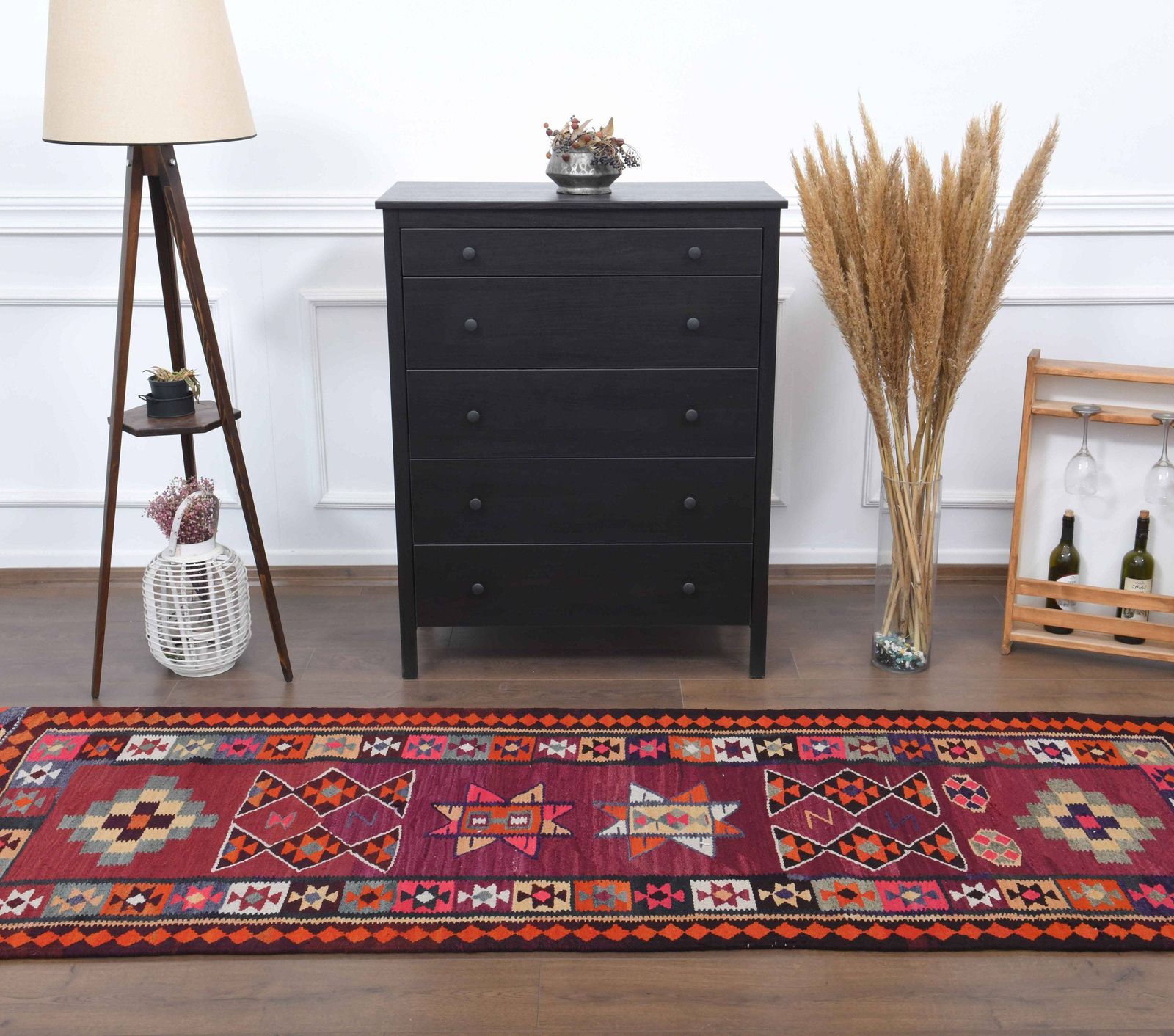 Turkish Kilim Runner Rug, Oushak Handmade Wool Flatweave Carpet, Hallway Rugs, Farmhouse Decor, One Of A Kind, Bohemian Decor photo for sale
