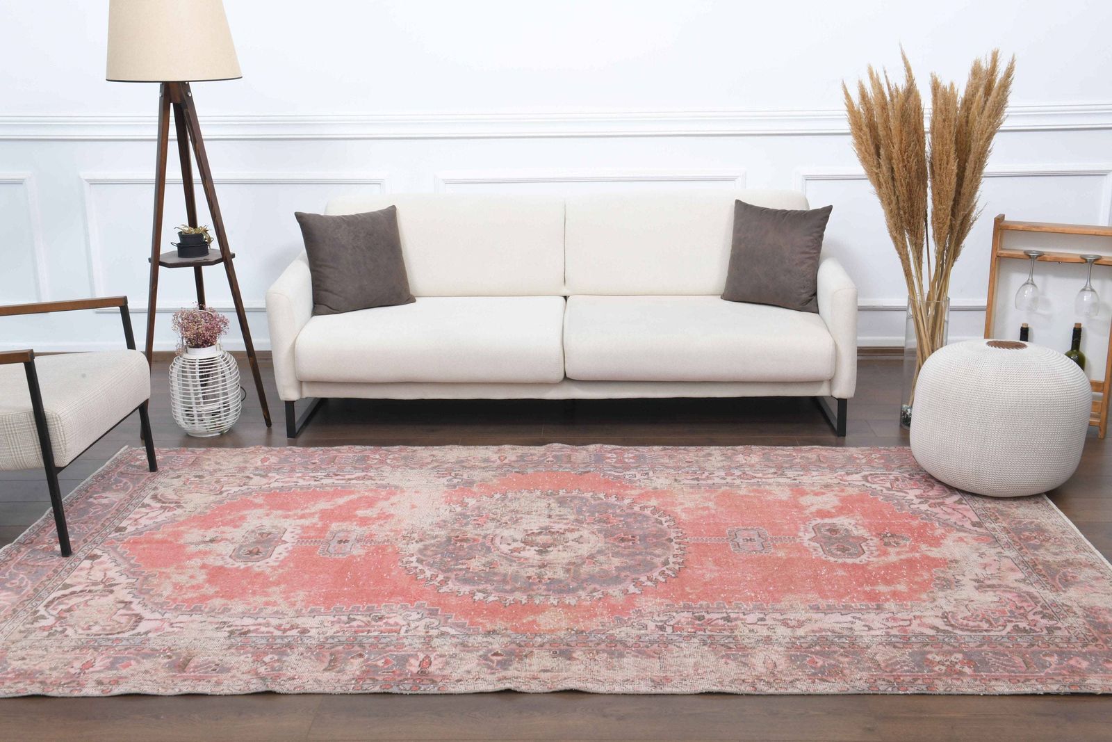 Turkish Oushak Vintage Rug, Handmade Wool Rug, Red Area Rug, Rustic Carpet, Farmhouse Decor, One Of A Kind, Made In Turkey photo for sale
