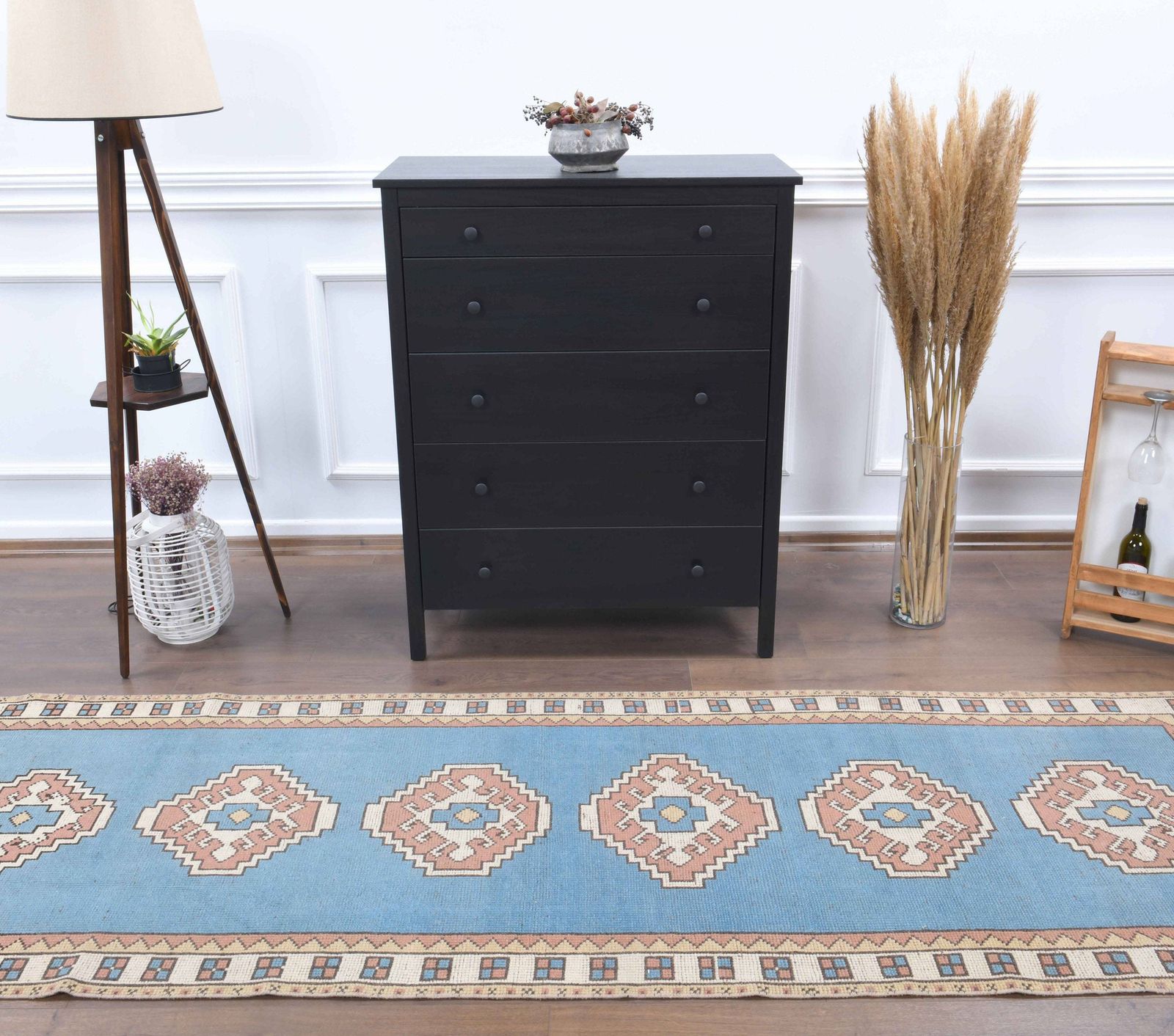 Pastel Vintage Turkish Rug, Oushak Handmade Wool, Blue Oriental Hallway Rugs, Farmhouse Decor, One Of A Kind, Traditional Ethnic Carpet photo furniture