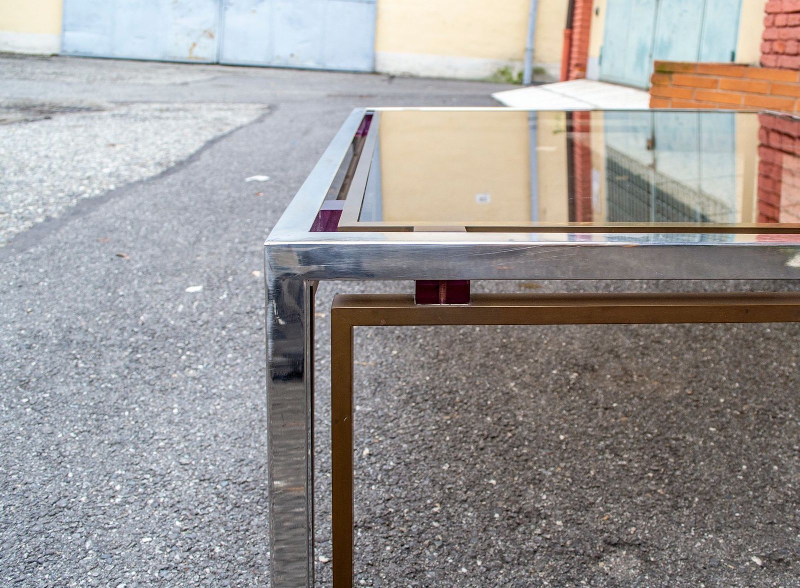 Coffee Table In Steel And Brass With Acrylic Glass Decorations, Italy, 1970s photo vinterior