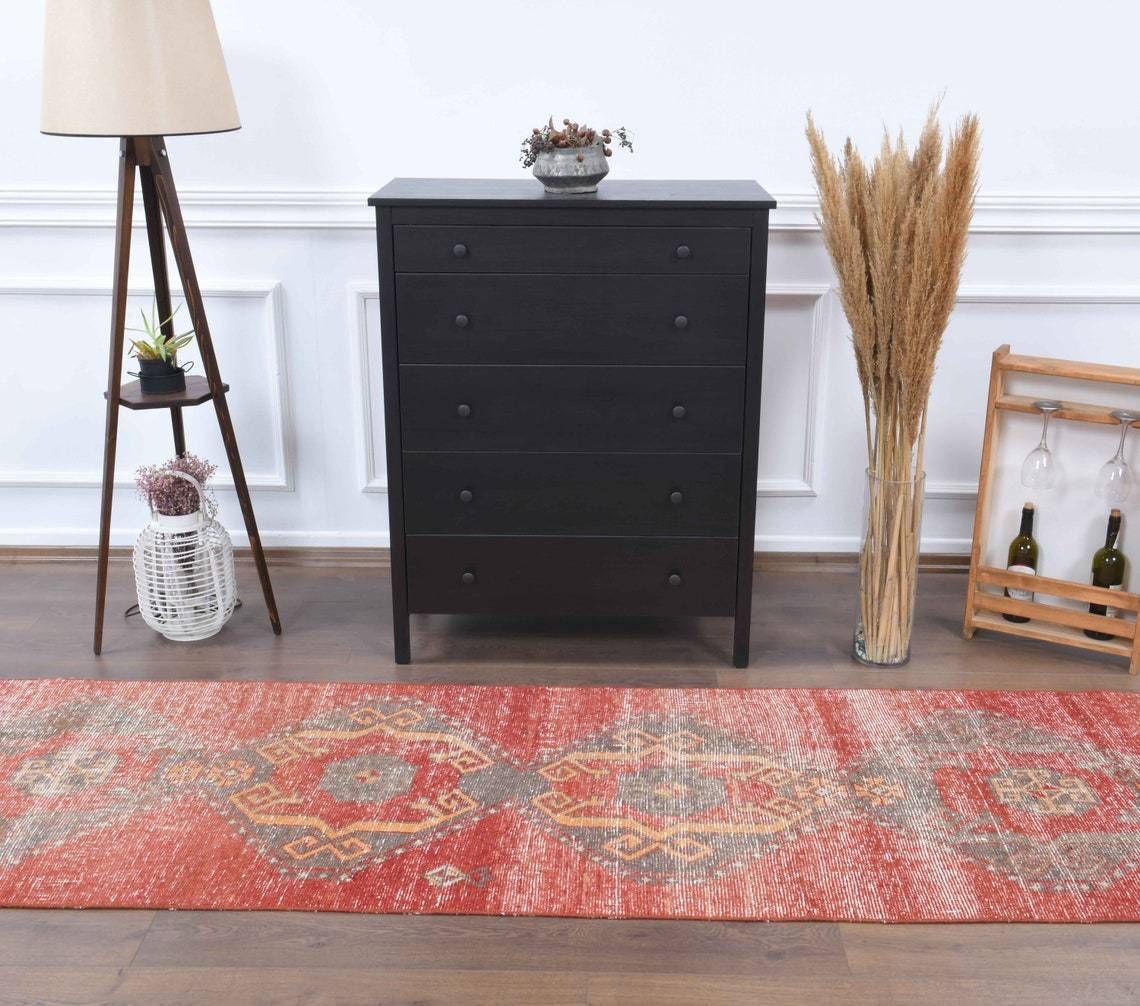 Vintage Turkish Oushak Runner Handmade Wool Red Hallway Rug Anatolian Boho Decor Farmhouse Decor Ethnic Carpet photo vinterior