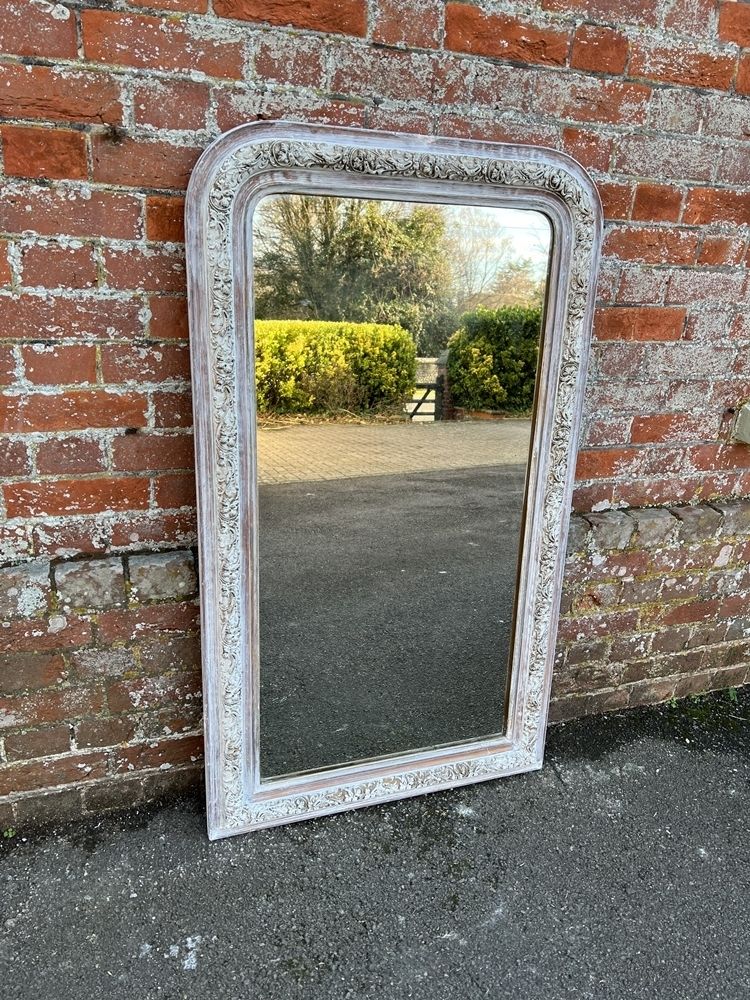 A Wonderful Good Size Antique French 19th Century Carved Wood & Gesso Arched Top Painted Mirror