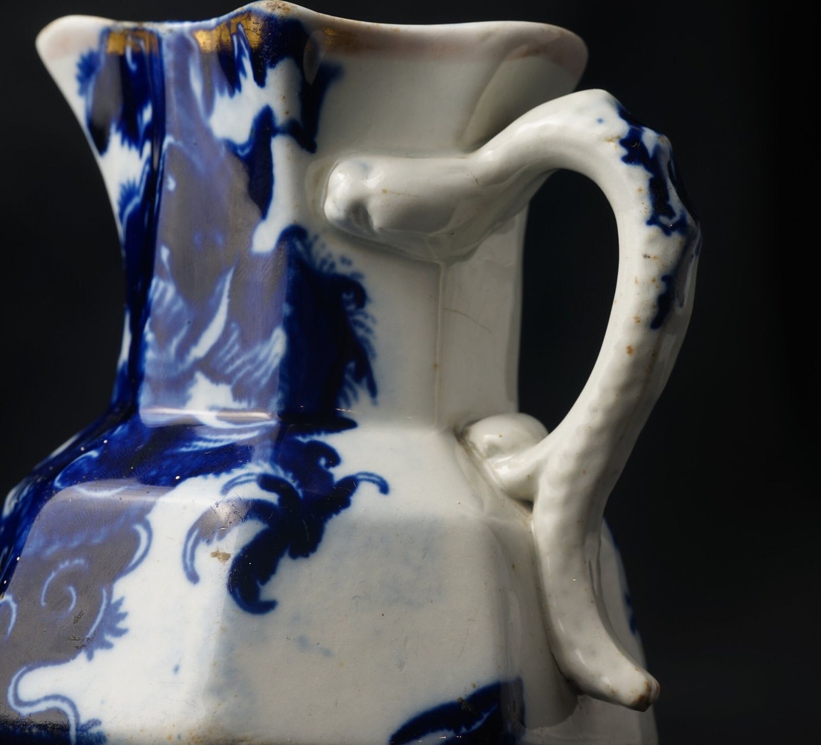 Antique Flow Blue Dragon Jug, Antique Very Early Mason's Ironstone Dragon & Pearl Blue/White Snake Handled Pitcher 1830 48 photo for sale