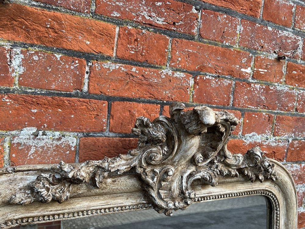 An Exceptional Large Antique French 19th Century Carved Wood & Gesso Arched Top Painted Mirror photo 895.0