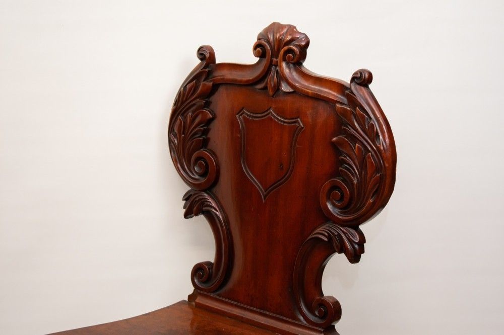 Pair Victorian Hall Chairs   Antique 1840 Carved Seats photo furniture