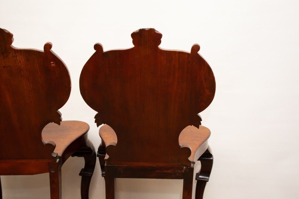 Pair Victorian Hall Chairs   Antique 1840 Carved Seats photo for sale