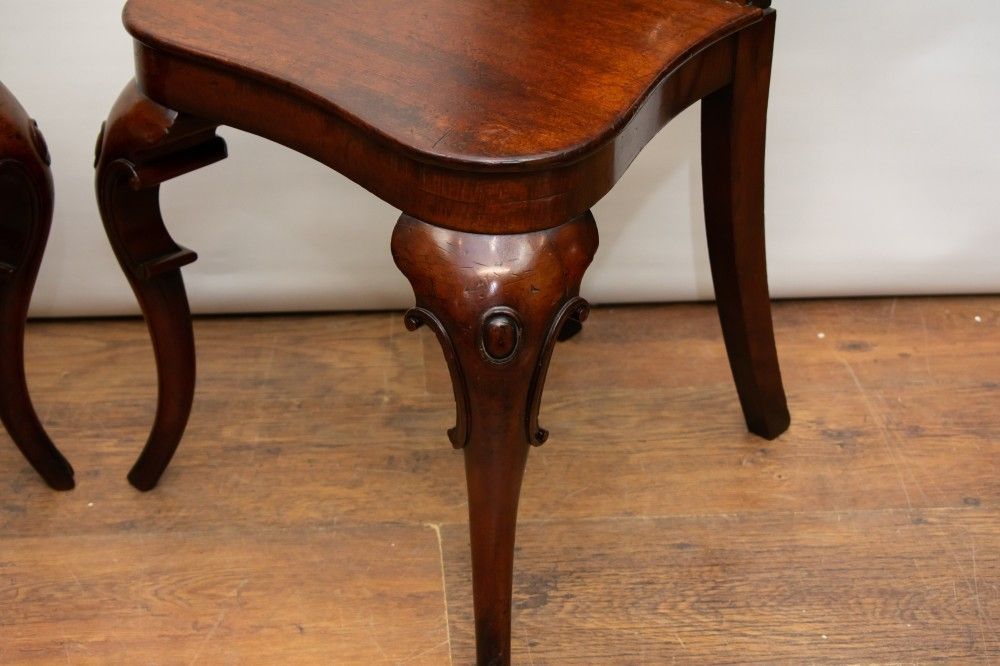 Pair Victorian Hall Chairs   Antique 1840 Carved Seats photo vinterior