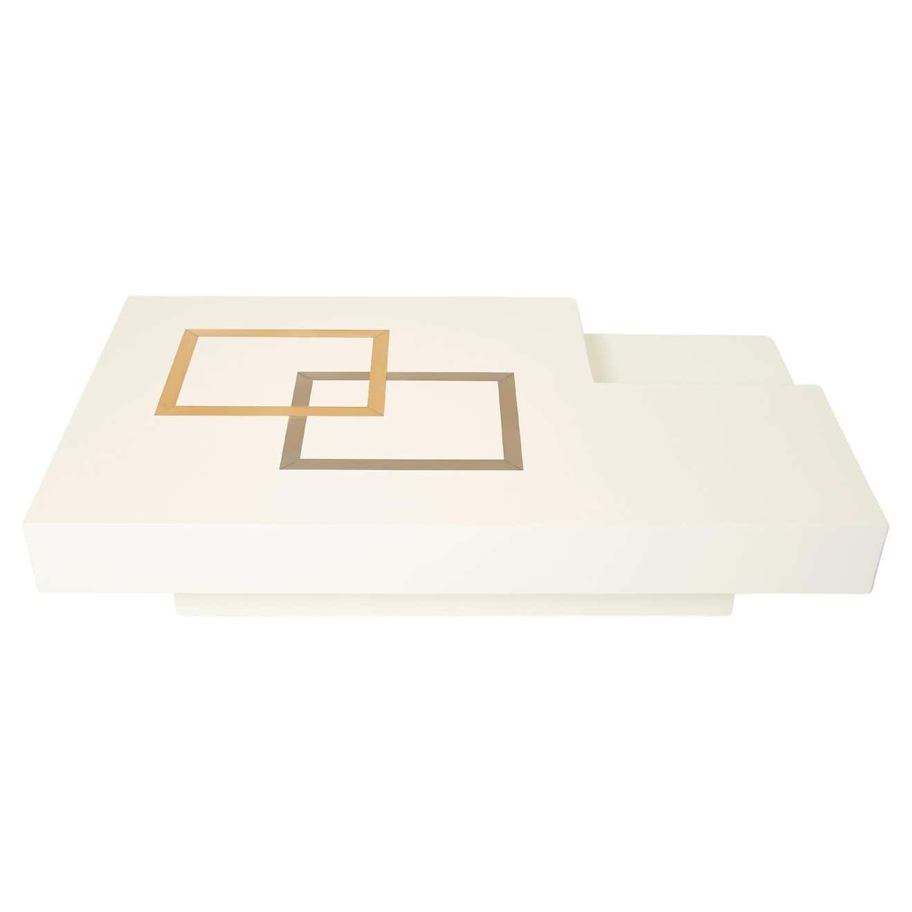 Grande table basse italienne Antonio Pavia en laque blanche et laiton acier, années 1970